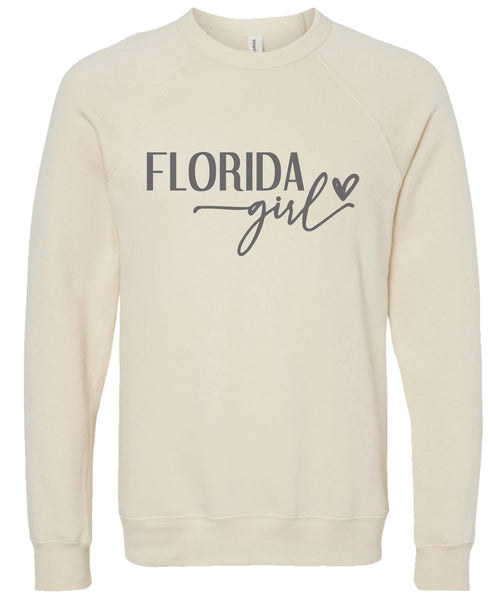 Cream sweatshirt with 'Florida girl' printed in gray ink.