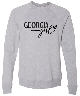 Heather gray sweatshirt with 'Georgia girl' printed in black ink.