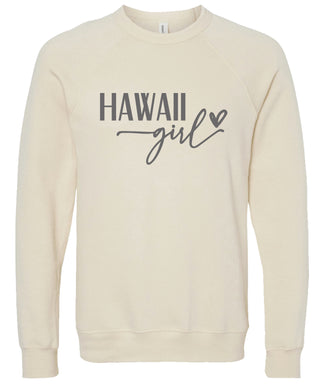 Cream sweatshirt with 'Hawaii Girl' printed in gray ink.