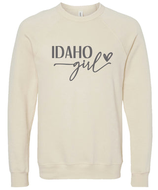 Cream sweatshirt with 'Idaho Girl' printed in gray ink.