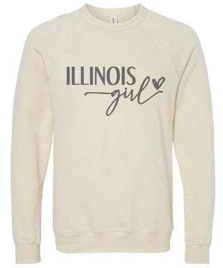 Cream sweatshirt with 'Illinois girl' printed in gray ink.