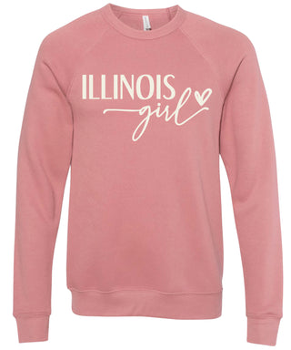 Dusty rose sweatshirt with 'ILLINOIS girl' printed in cream ink.