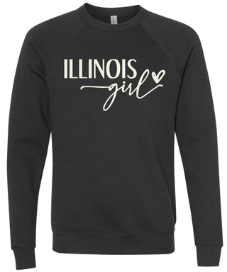 Black sweatshirt with 'ILLINOIS girl' printed in cream ink.