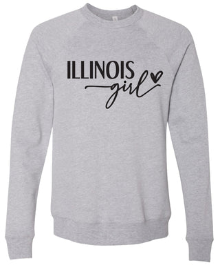Heather gray sweatshirt with 'ILLINOIS girl' printed in black ink. 