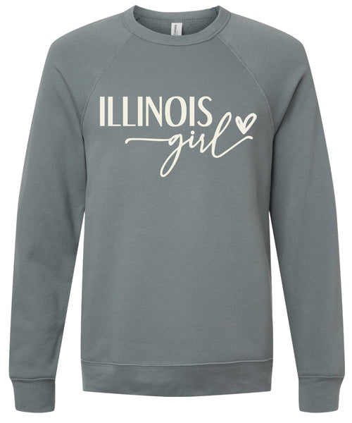 Storm sweatshirt with 'ILLINOIS girl' printed in cream ink.