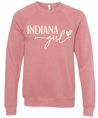 Dusty rose sweatshirt with 'Indiana Girl' printed in cream ink.