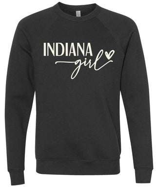 Black sweatshirt with 'Indiana Girl' printed in cream ink.