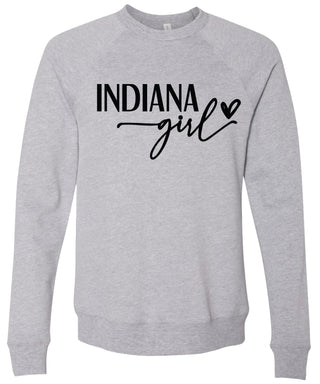Heather gray sweatshirt with 'Indiana Girl' printed in black ink.