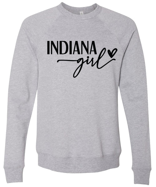 Heather gray sweatshirt with 'Indiana Girl' printed in black ink.