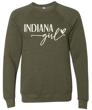 Heather olive sweatshirt with 'Indiana Girl' printed in cream ink.