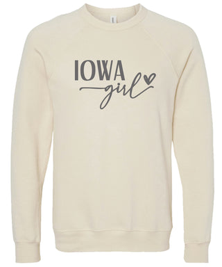 Cream sweatshirt with 'Iowa Girl' printed in gray ink.