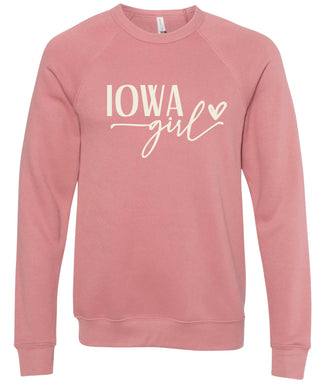 Dusty rose sweatshirt with 'Iowa Girl' printed in cream ink.