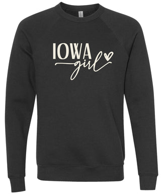 Black sweatshirt with 'Iowa Girl' printed in cream ink.