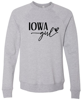 Heather gray sweatshirt with 'Iowa Girl' printed in black ink.
