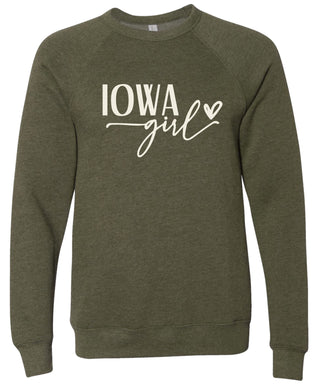 Heather olive sweatshirt with 'Iowa Girl' printed in cream ink.