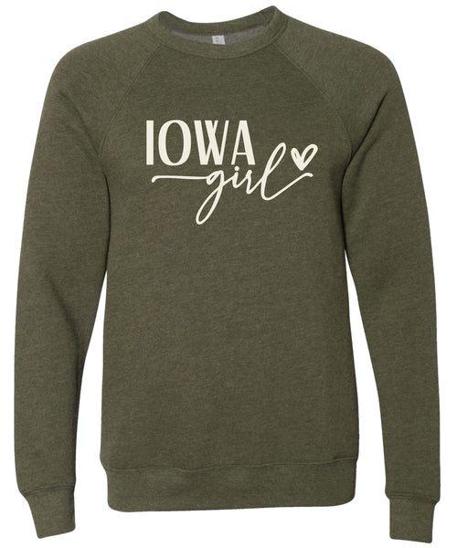 Heather olive sweatshirt with 'Iowa Girl' printed in cream ink.