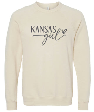 Cream sweatshirt with 'Kansas girl' printed in gray ink.