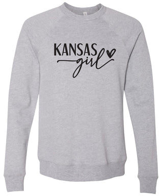 Heather gray sweatshirt with 'Kansas girl' printed in black ink.