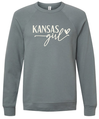 Storm sweatshirt with 'Kansas girl' printed in cream ink.