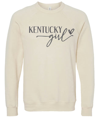 Cream sweatshirt with 'Kentucky girl' printed in gray ink.