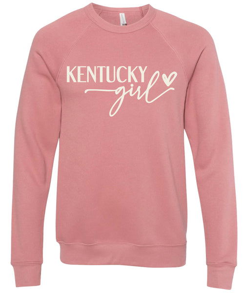 Dusty rose sweatshirt with 'Kentucky girl' printed in cream ink.