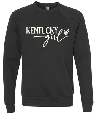 Black sweatshirt with 'Kentucky girl' printed in cream ink.