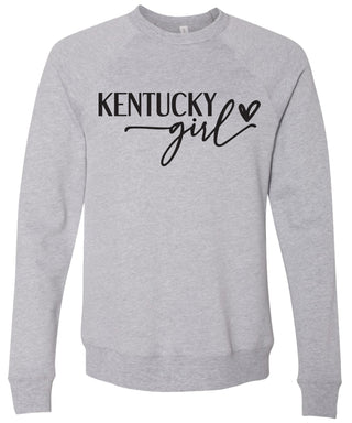 Heather olive sweatshirt with 'Kentucky girl' printed in black ink.