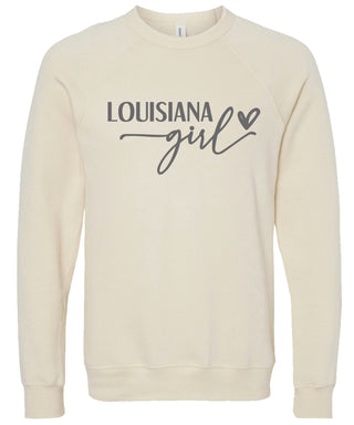 Cream sweatshirt with 'Louisiana girl' printed in gray ink.