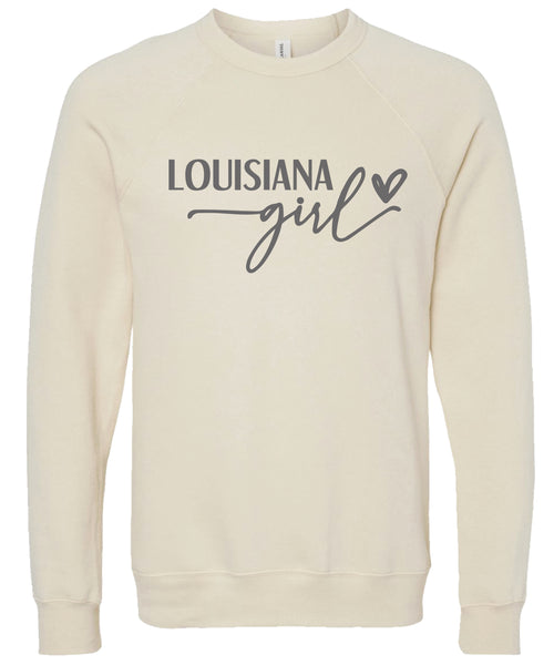 Cream sweatshirt with 'Louisiana girl' printed in gray ink.