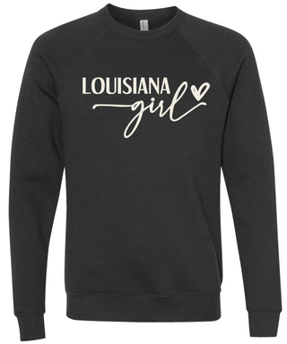 Black sweatshirt with 'Louisiana girl' printed in cream ink.