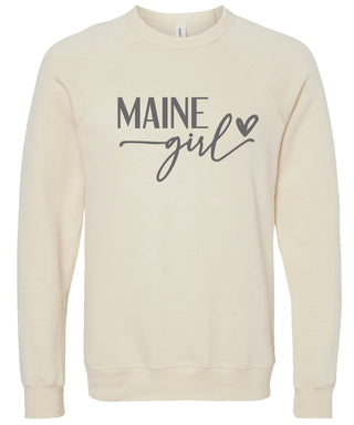 Cream sweatshirt with 'MAINE girl' printed in gray ink.
