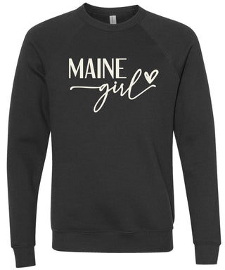 Black sweatshirt with 'MAINE girl' printed in cream ink.