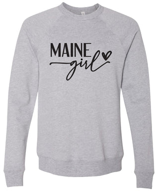 Heather gray sweatshirt with 'MAINE girl' printed in black ink.