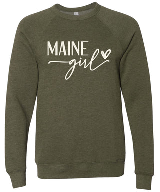 Heather olive sweatshirt with 'MAINE girl' printed in cream ink.