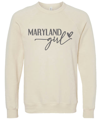 Cream sweatshirt with 'Maryland girl' printed in gray ink.