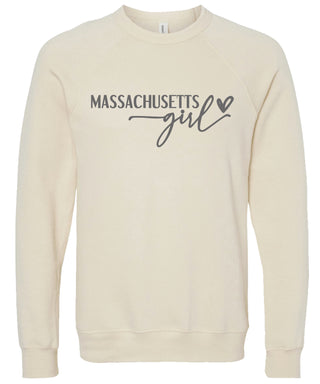 Cream sweatshirt with 'Massachusetts girl' printed in gray ink.
