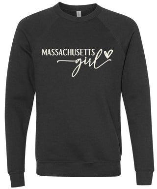 Black sweatshirt with 'Massachusetts girl' printed in cream ink.