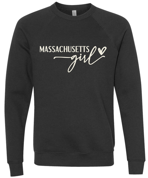 Black sweatshirt with 'Massachusetts girl' printed in cream ink.