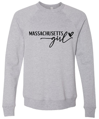 Heather gray sweatshirt with 'Massachusetts girl' printed in black ink.
