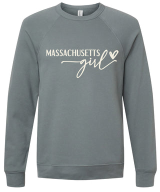 Storm sweatshirt with 'Massachusetts girl' printed in cream ink.