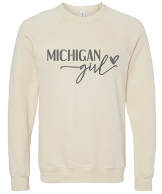 Cream sweatshirt with 'Michigan girl' printed in gray ink.