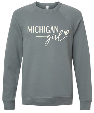 Storm sweatshirt with 'Michigan girl' printed in cream ink.