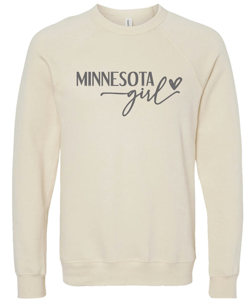 Cream sweatshirt with 'Minnesota girl' printed in gray ink.