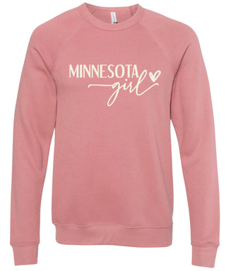 Dusty rose sweatshirt with 'Minnesota girl' printed in cream ink.