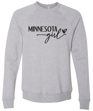 Heather gray sweatshirt with 'Minnesota girl' printed in black ink.