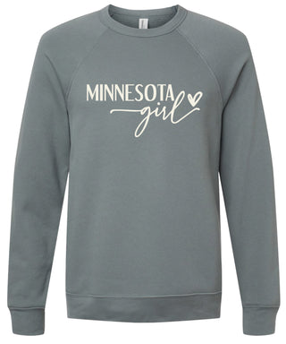 Storm sweatshirt with 'Minnesota girl' printed in cream ink.