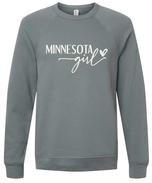 Storm sweatshirt with 'Minnesota girl' printed in cream ink.