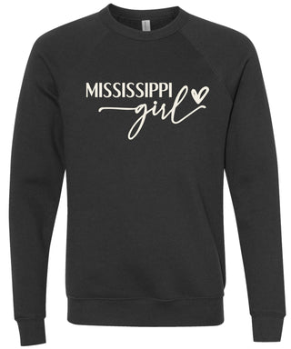 Black sweatshirt with 'Mississippi girl' printed in cream ink.