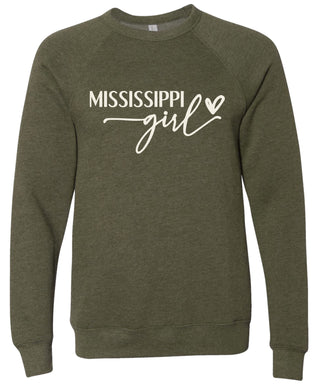 Heather olive sweatshirt with 'Mississippi girl' printed in cream ink.
