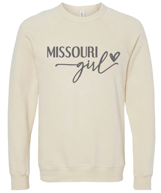 Cream sweatshirt with 'Missouri girl' printed in gray ink.